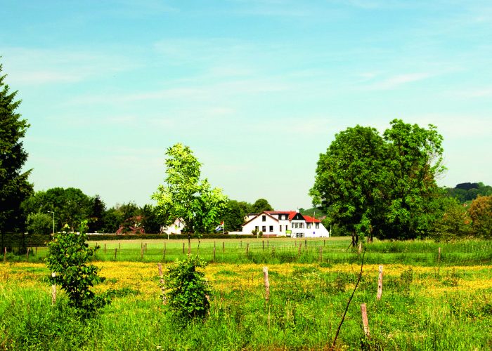 Niederländische Landschaft in Limburg mit Fluss und Wohnhaus
